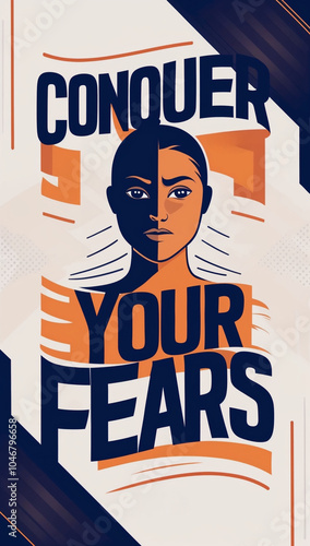 Conquer Your Fears Inspirational Motivational Poster With Bold Typography and Strong Character Portrait