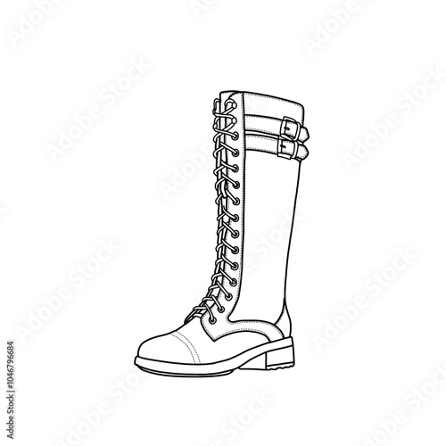 Women's knee-high boots heel riding boots round toe side zipper biker line art, Technical sketch hand-drawing outline vector doodle illustration side view isolated on a white background