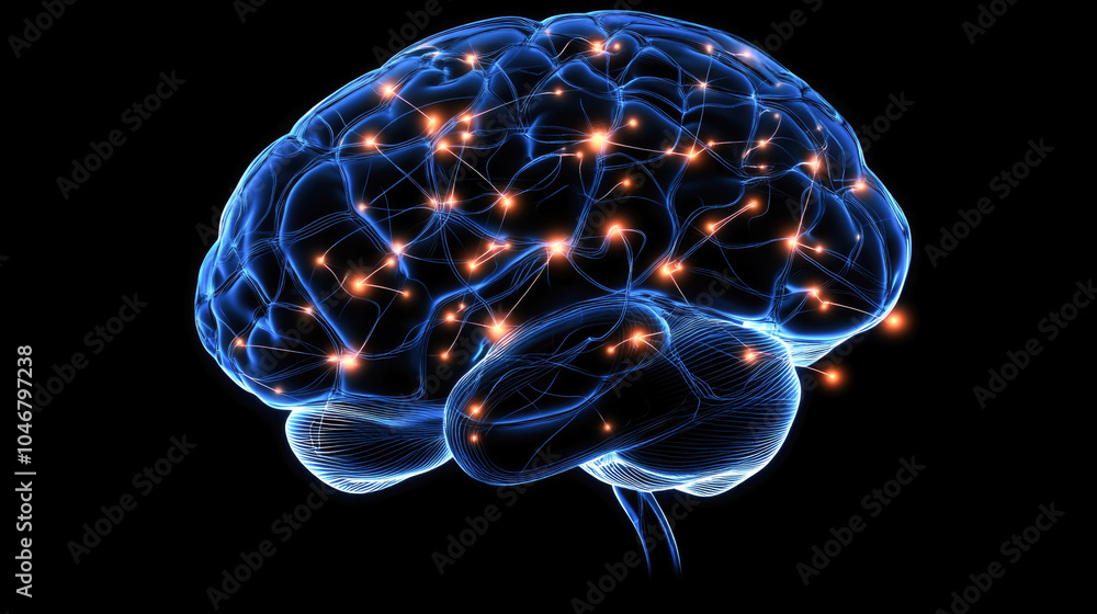 Glowing neural pathways in a human brain highlighting synaptic activity on black background