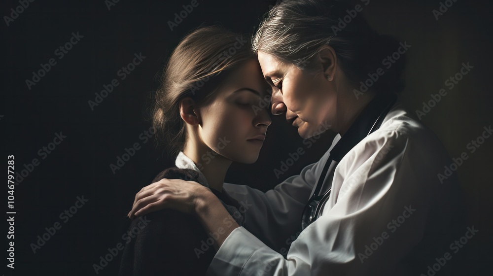 photograph of a compassionate female doctor, gently reassuring a patient while examining them photograph of a compassionate female doctor, gently reassuring a patient while examining them