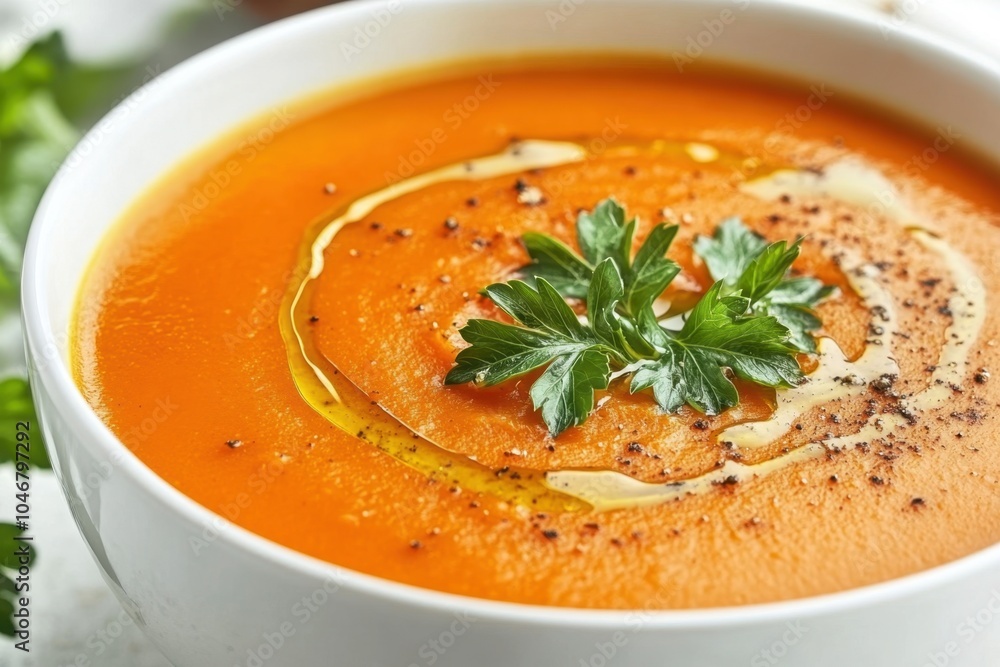 Creamy carrot soup garnished with parsley drizzle of oil Creamy carrot soup garnished with parsley drizzle of oil