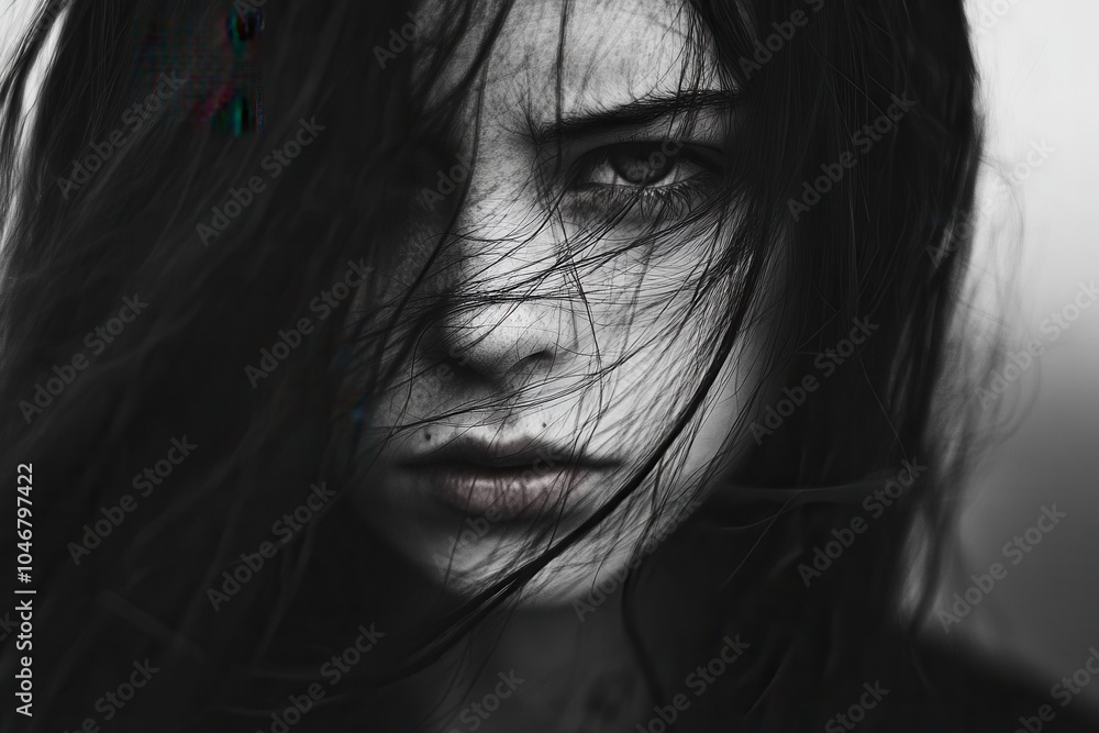 Mysterious woman with intense gaze windswept hair