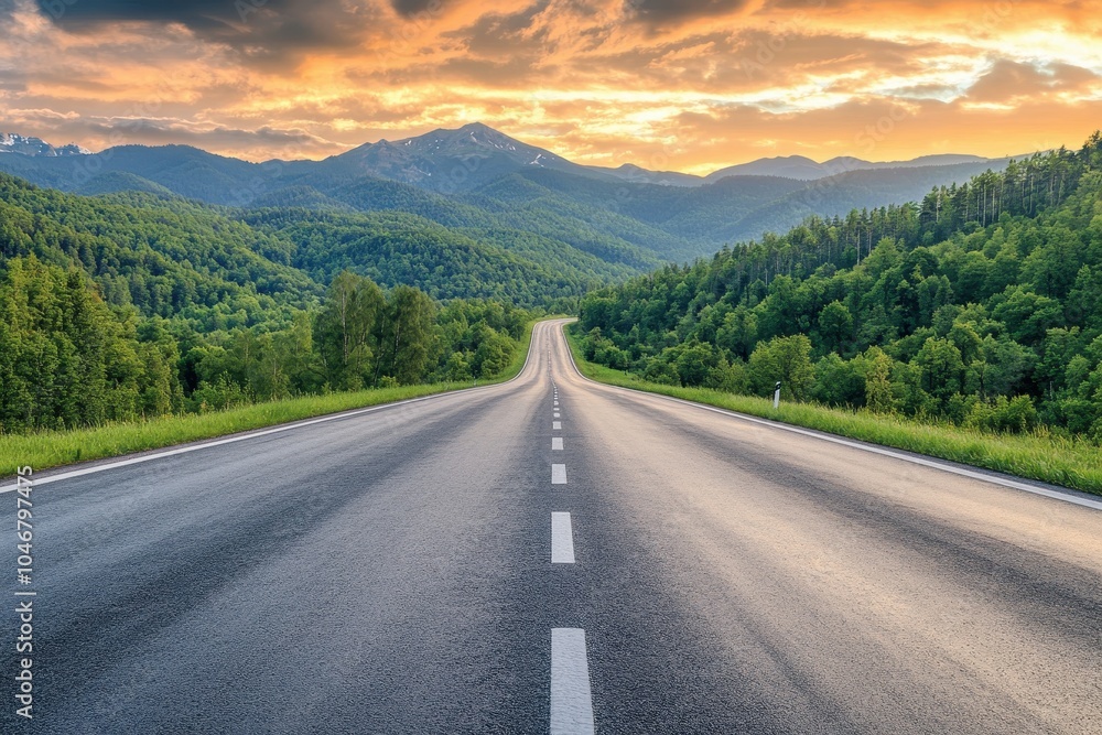 A winding asphalt road leads through lush green forests and mountains towards a stunning sunset sky. A winding asphalt road leads through lush green forests and mountains towards a stunning sunset sky.