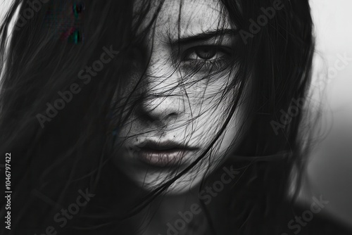 Obraz na płótnie Mysterious woman with intense gaze windswept hair w salonie