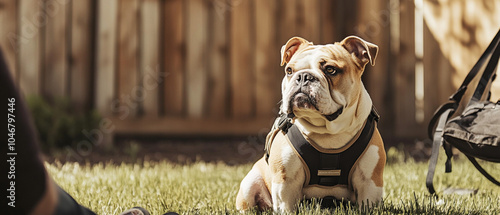 Bulldog Sitting Calmly: Obedient Dog in Training Session photo