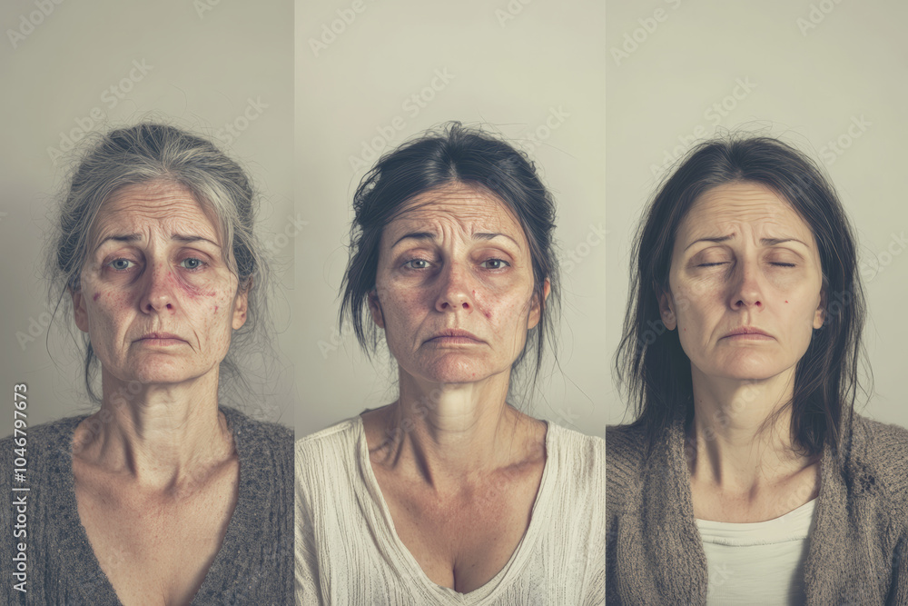 Triptych depicting the harmful impact of alcohol and drug addiction on a woman aging prematurely. Female alcoholism Triptych depicting the harmful impact of alcohol and drug addiction on a woman aging prematurely. Female alcoholism