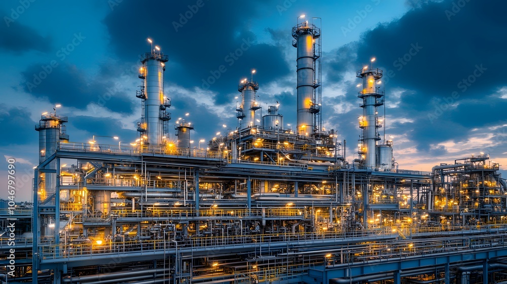 Fototapeta premium Chemical plant refinery industrial equipment background. Business Finance and Industry, realistic photo, cinematic