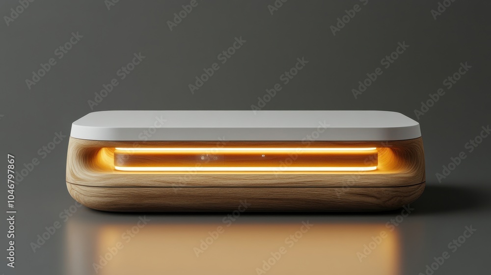 Create a podium mockup with a wooden base and glossy white acrylic top with integrated LED display and touchpad controls. Create a podium mockup with a wooden base and glossy white acrylic top with integrated LED display and touchpad controls.