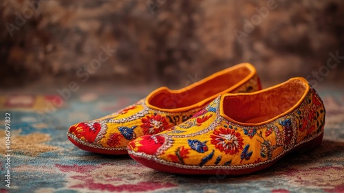 Colorful embroidered traditional shoes on patterned carpet