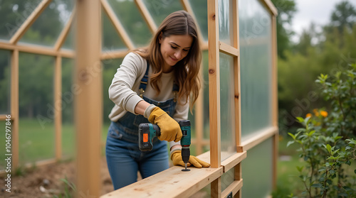 Une femme en tenue de travail utilisant une perceuse pour assembler une serre en bois dans son jardin 