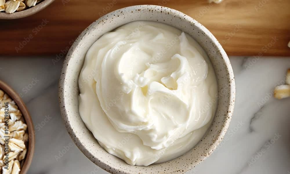 Ingredients for a healthy recipe with yogurt and oats. Ingredients for a healthy recipe with yogurt and oats.