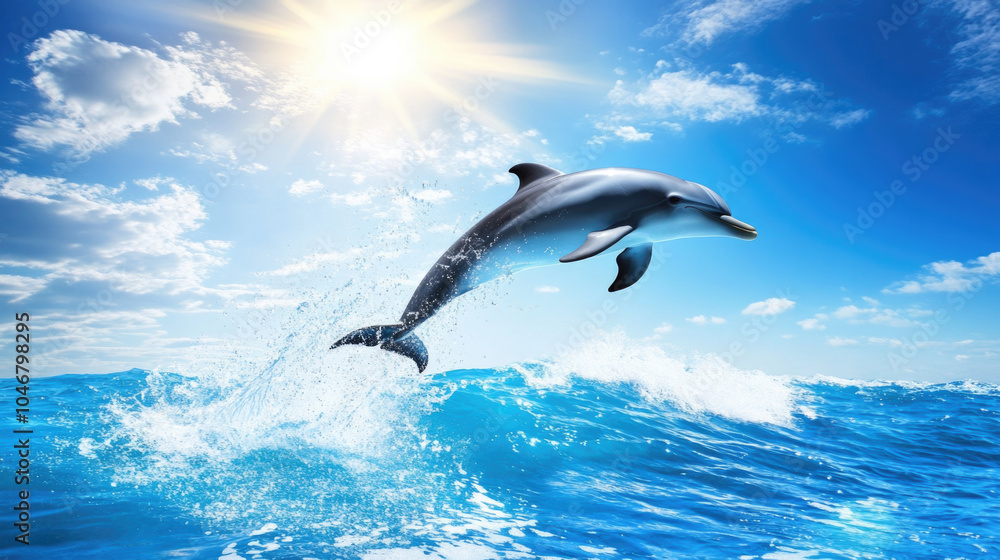 Majestic dolphin leaping through sunlit waves against a clear blue sky Majestic dolphin leaping through sunlit waves against a clear blue sky