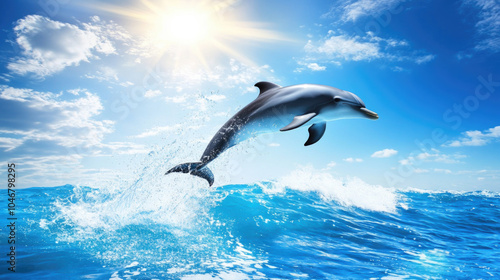 Majestic dolphin leaping through sunlit waves against a clear blue sky