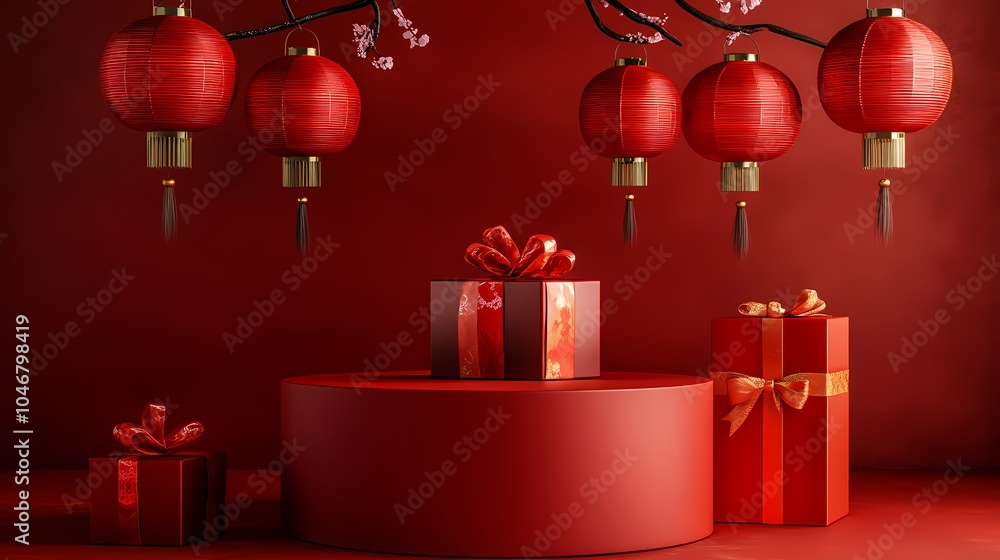 Traditional Chinese New Year red pedestal and lanterns poster background Traditional Chinese New Year red pedestal and lanterns poster background