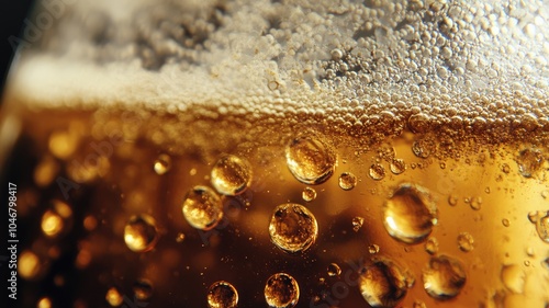 Close-up of frothy carbonated beverage with golden-brown tones and bubbles