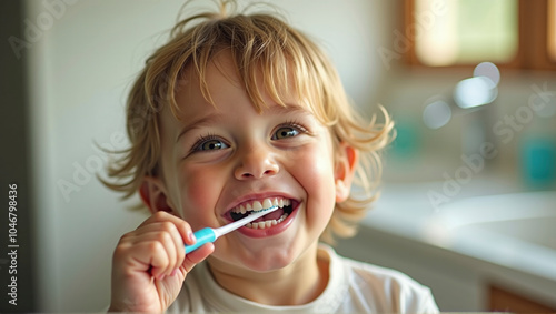 Child happily learns how to use a toothbrush, oral health, hygiene and disease prevention