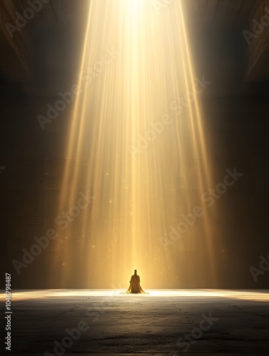 Majestic celestial god like figure seated on a resplendent golden throne beams of heavenly light shining from above evoking a profound sense of divine power authority and transcendent presence
