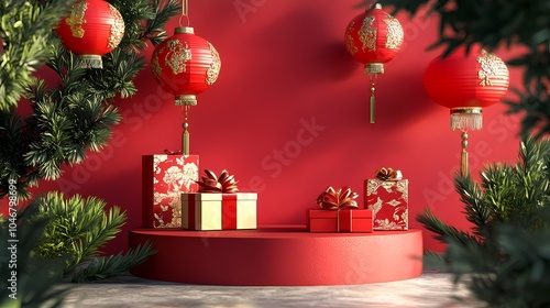 Traditional Chinese New Year red pedestal and lanterns poster background