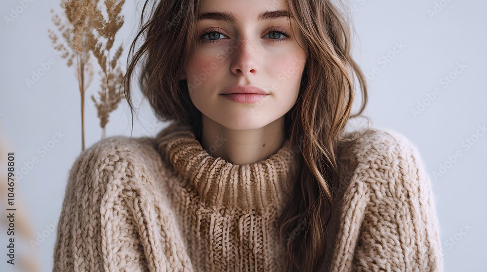 Woman in cozy sweater with neutral expression
Woman in cozy sweater with neutral expression