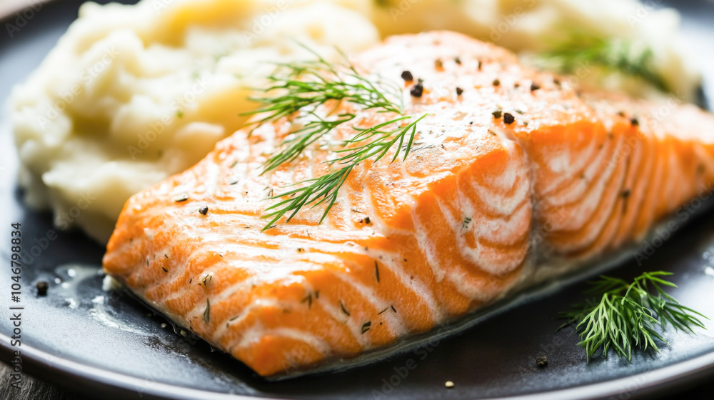 Fresh grilled salmon fillet with dill and mashed potatoes on black plate
