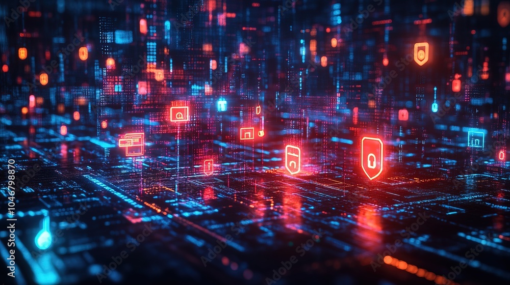 Cybersecurity matrix with floating code locks and shield icons Cybersecurity matrix with floating code locks and shield icons
