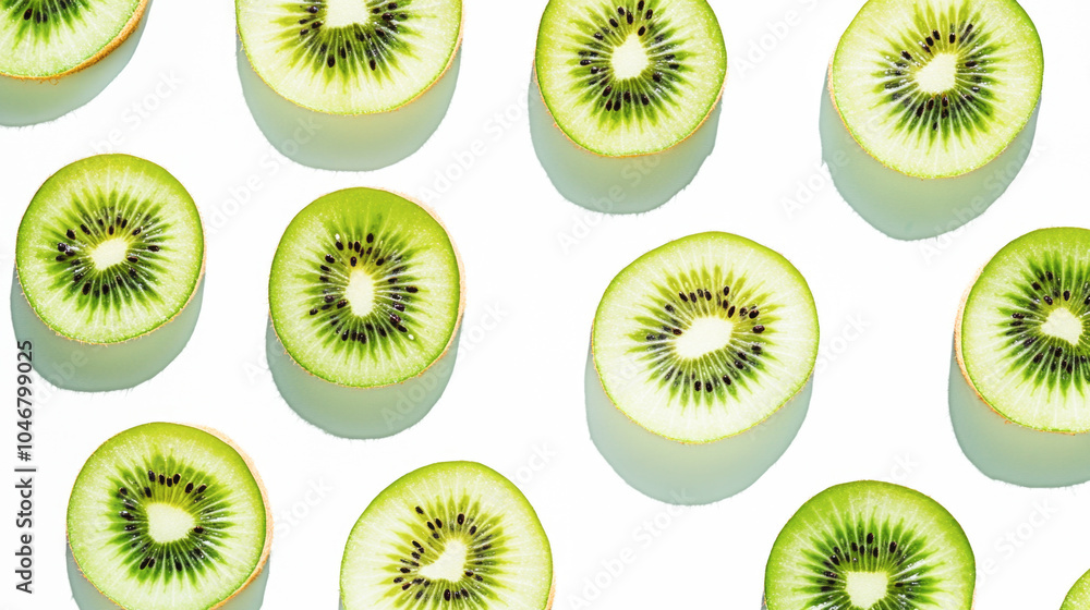 Fototapeta premium Fresh kiwi slices pattern on white background with vibrant green colors
