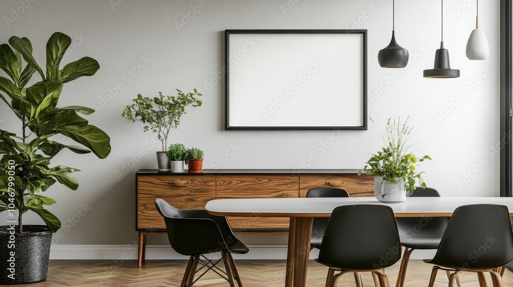 Elegant dining room with a blank frame on the sideboard Elegant dining room with a blank frame on the sideboard