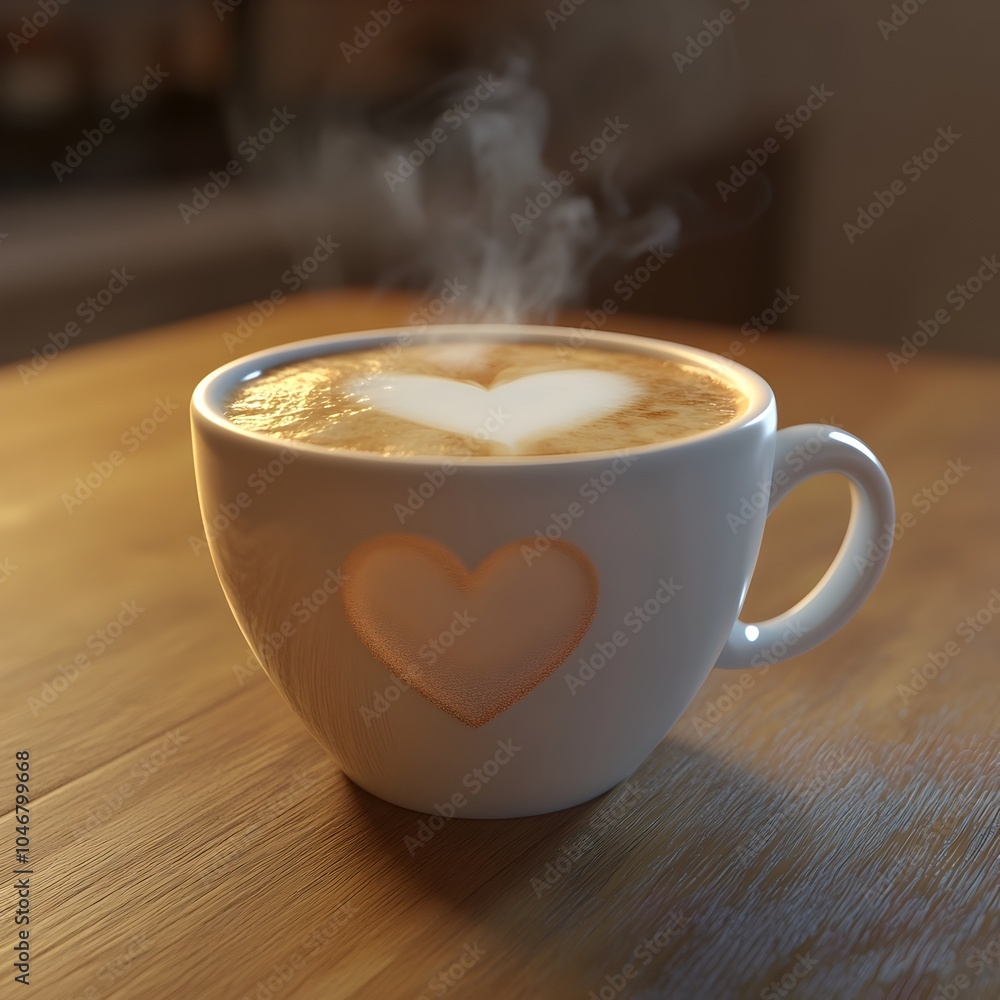 A beautifully crafted 3D coffee cup with delicate steam swirling upward showcasing a heart shaped foam design on top set against a warm rustic wooden table background A beautifully crafted 3D coffee cup with delicate steam swirling upward showcasing a heart shaped foam design on top set against a warm rustic wooden table background