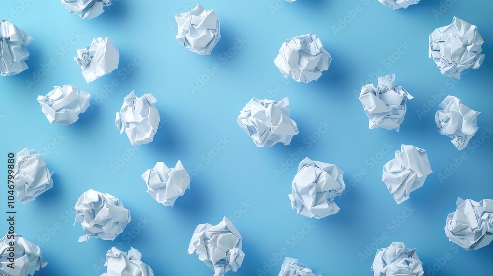 Balls of crumpled paper and white sheets of paper in the form of triangles, blue background. Balls of crumpled paper and white sheets of paper in the form of triangles, blue background.