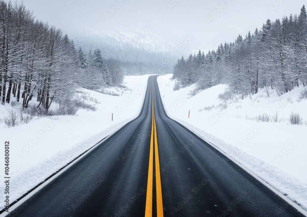 Fototapeta premium A snow-covered road leads through frosty trees, creating a serene winter landscape with a clear path stretching into the distance.