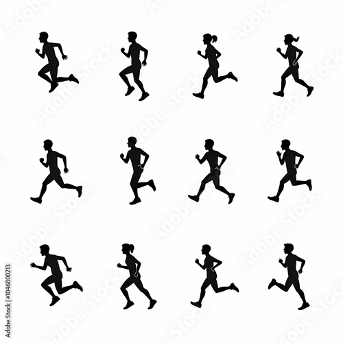 Black and white vector illustration of running men silhouettes playing soccer on a football field