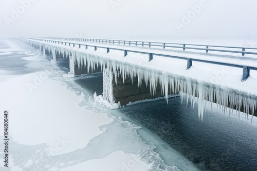 A snowy pier is adorned with icicles, stretching over a frozen body of water, depicting a serene winter landscape under a cloudy sky.