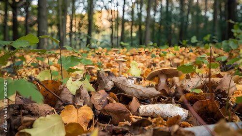 Scenic forest floor covered with a blanket of colorful autumn leaves and natural foliage under soft sunlight.