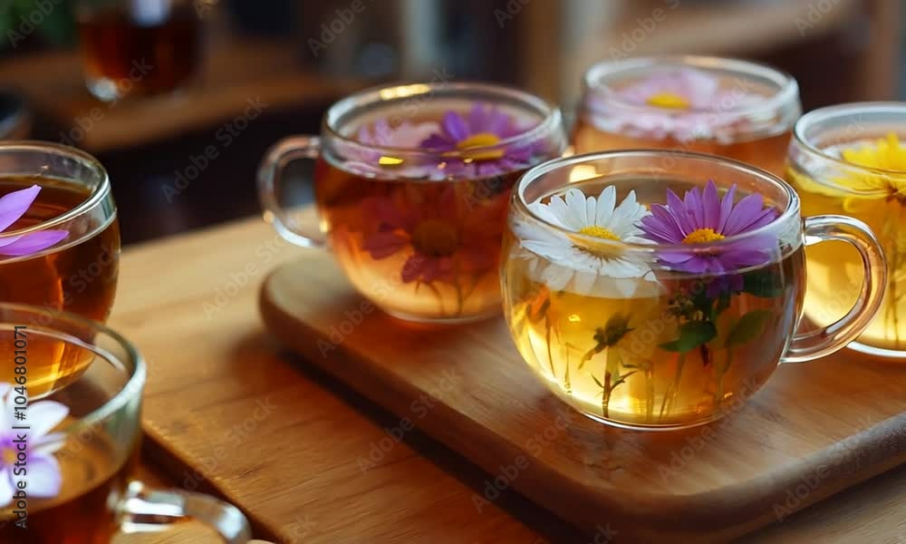Four glass cups of herbal tea with colorful flowers. Four glass cups of herbal tea with colorful flowers.