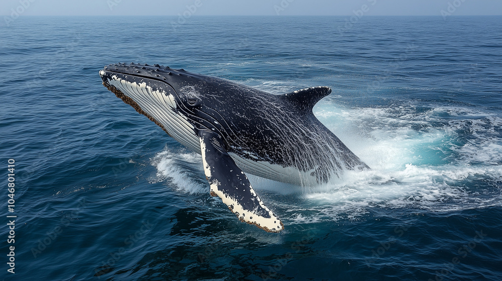 Fototapeta premium Majestic Whale Breaching through Ocean Waves, Ai Generative
