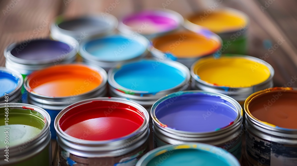 Fototapeta premium **Colorful paint cans** A variety of paint cans in different colors are arranged on a wooden table.