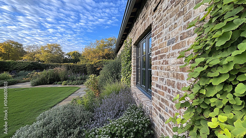 Charming Brick House with Green Garden and Blue Sky