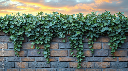Green Vines on Brick Wall at Sunset