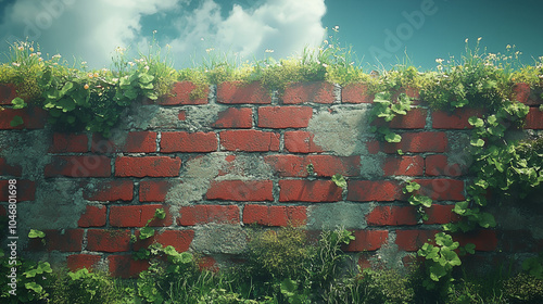 Rustic Red Brick Wall with Green Plants and Clouds