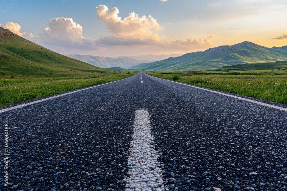 A straight asphalt road with white lane markings leading into a valley with rolling hills and a blue sky with fluffy white clouds. A straight asphalt road with white lane markings leading into a valley with rolling hills and a blue sky with fluffy white clouds.
