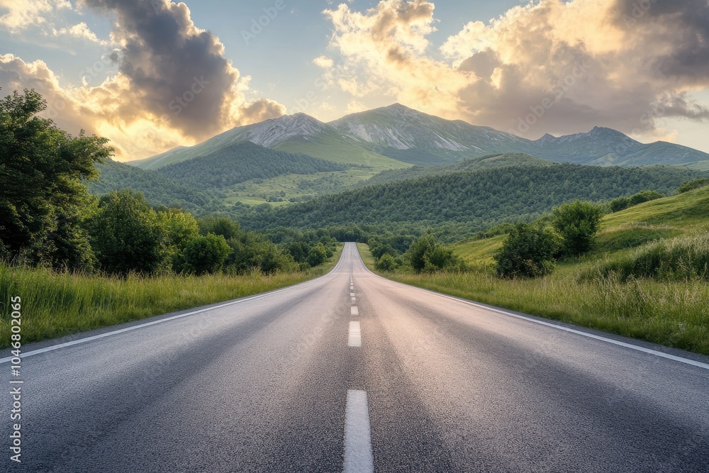 A long, straight asphalt road leads towards a mountain range under a cloudy sky. A long, straight asphalt road leads towards a mountain range under a cloudy sky.