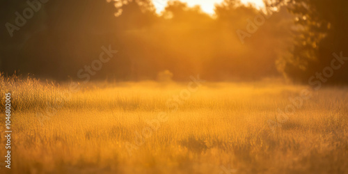 Golden sunrise over serene grass field with misty morning light