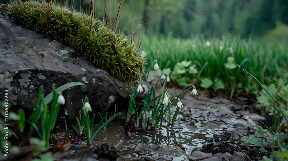 Close-up of delicate spring flowers blooming near a moss-covered rock, surrounded by fresh greenery and a flowing stream. Close-up of delicate spring flowers blooming near a moss-covered rock, surrounded by fresh greenery and a flowing stream.