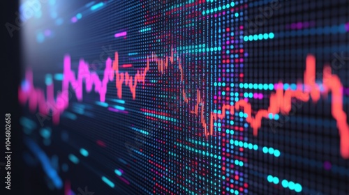 A vibrant digital display of fluctuating graph lines showing data trends, with neon colors representing variations in statistics.