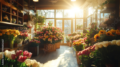 Sunlit flower shop interior brimming with colorful blooms in morning light