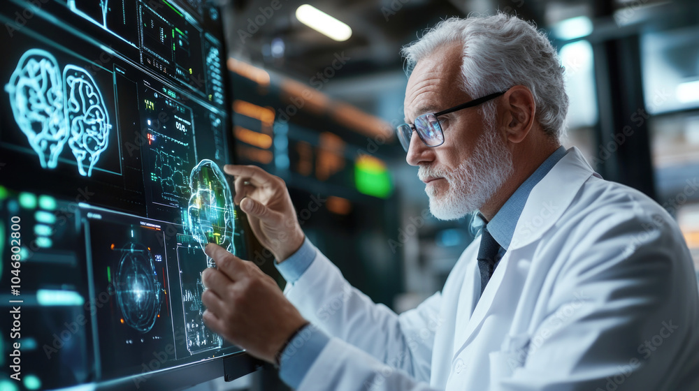 Elderly scientist analyzing digital brain models in advanced research laboratory Elderly scientist analyzing digital brain models in advanced research laboratory