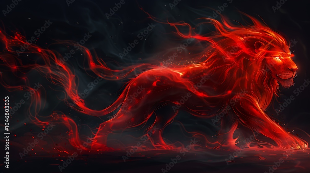 Fototapeta premium Fire Lion. A majestic fire lion charges through the darkness. The embodiment of strength and power.