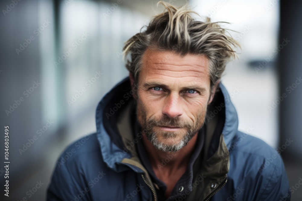 Portrait of a handsome middle-aged man with a beard wearing a blue jacket Portrait of a handsome middle-aged man with a beard wearing a blue jacket