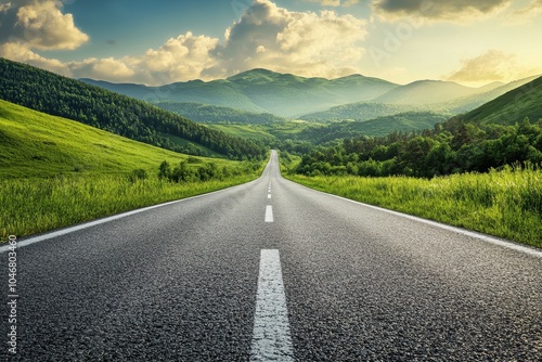 A long, straight asphalt road leading through a green valley towards a line of hills in the distance, with a warm sun setting in the sky.