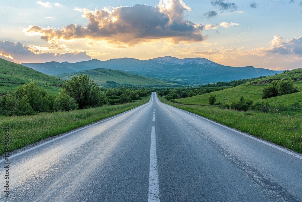 A long, straight road winds through rolling hills and lush green fields towards a dramatic mountain range, bathed in the warm light of a setting sun. A long, straight road winds through rolling hills and lush green fields towards a dramatic mountain range, bathed in the warm light of a setting sun.
